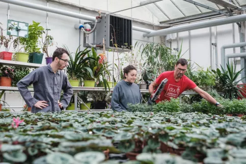 Deux jeunes en train de travailler dans les serres avec leur enseignant