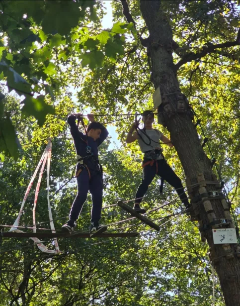 un élève fait de l'accrobranche