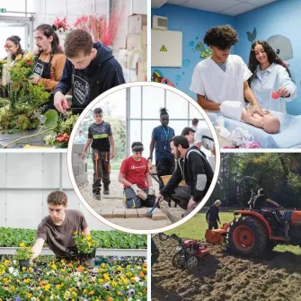 montage photo représentant les différentes formations accessibles du Campus Saint-Antoine : Fleuristes, SAP, Jardiniers Paysagistes, Horticulture, 4ème et 3ème